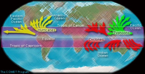 Distribución de los huracanes en el mundo.